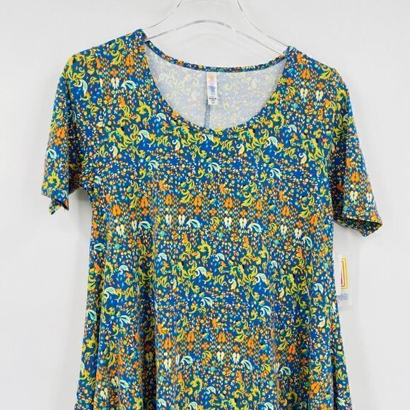 NWT Lularoe Size XS Short Sleeve Blue & Orange Patterned Perfect T Shirt Top - Picture 2 of 6